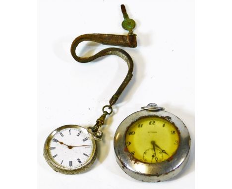 An early 20thC fob watch, the 3cm diameter Roman numeric dial in engine turned case, with vacant cartouche and ring top, mark