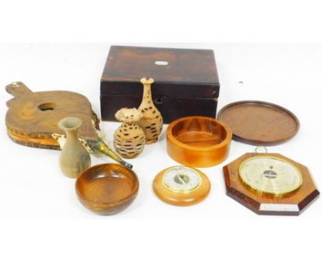 Various treen and effects, 20thC oak fire bellows, 42cm high, wall barometer, dish, plate, jewellery box with mother of pearl