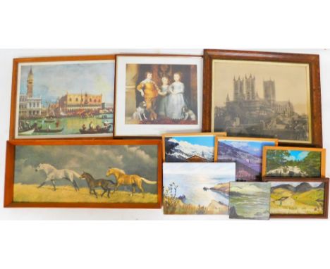 After Sandys-Lumsdaine. Horses, print, 29cm x 76cm and other prints, pictures, frames etc. (a quantity)