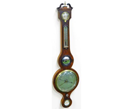 A 19thC five dial banjo barometer, with dry/damp feature shaped thermometer, bullseye glass, 19cm diameter dial and level dia