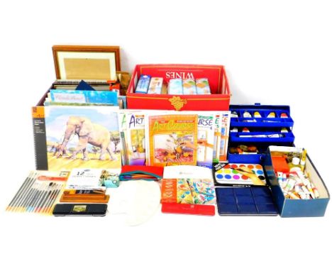 Various artists equipment, watercolour, paint box, frames, mounts, various other artist related items, watercolour box, 22cm 