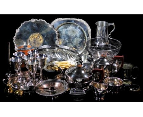 Various silver plated ware, a dish with engraved marks to the centre and pie crust shell and scroll outline, by the Adie Brot