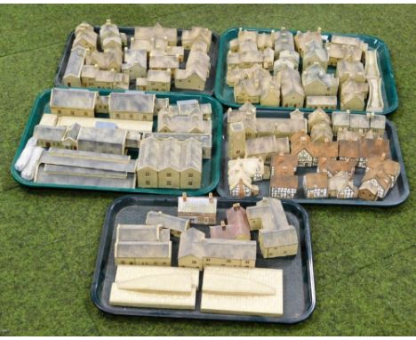 Various railway related buildings, pottery finish plaster train accessories, cottages, 12cm wide, part stations, engine sheds