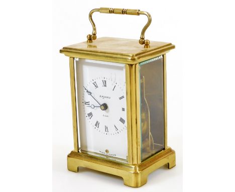 A 20thC French Bayard brass carriage clock, of rectangular form with swing handle, 6cm wide Roman numeric dial and visible mo