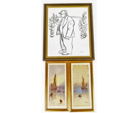 Jernon Hardi (20thC). Boats drying sails, watercolour, and another similar, 40cm x 16cm (a pair), and a Goudie print. (3) 