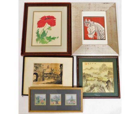 David Rollinson. Still life poppies, watercolour, signed in pencil, 34cm x 25cm, night block print, three pastels in one fram