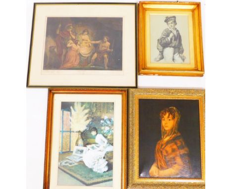 Various prints, etc., Lady quarter profile, over stained print, 58cm x 42cm, After Opie Shakspeare (S I C), print in decorati