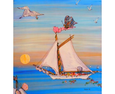 After Fleur. Boat on calm waters with bird, print, 49cm x 46cm.
