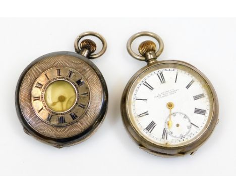 A half hunter pocket watch, in part engine turned case with enamel numerals, the 4cm diameter dial with Roman numerals and su