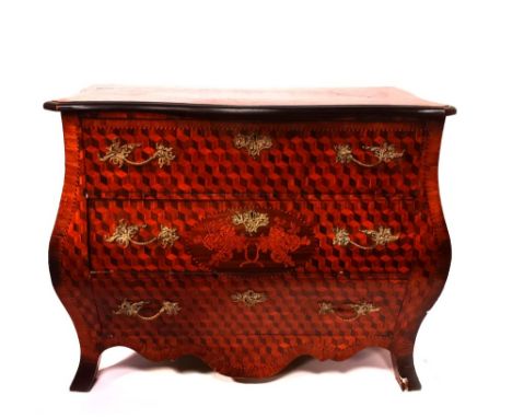 A 19thC Dutch marquetry and parquetry ground bombe commode, the serpentine top having a rosewood cross banding, herringbone s