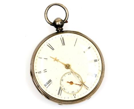 A Victorian silver open faced pocket watch, the 5cm diameter Roman numeric dial with subsidiary Arabic second hand, in a part