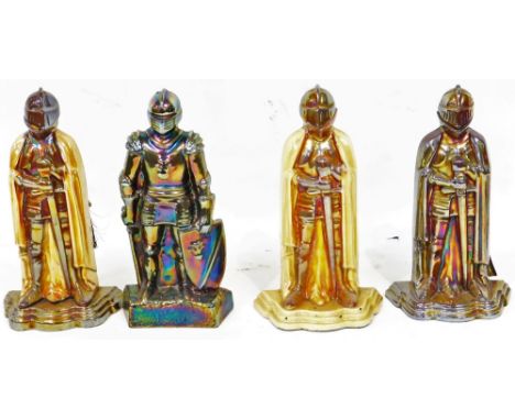 Various cast metal knight companion set stands, each lustre finish with removable helmets, 39cm high, a small quantity of var