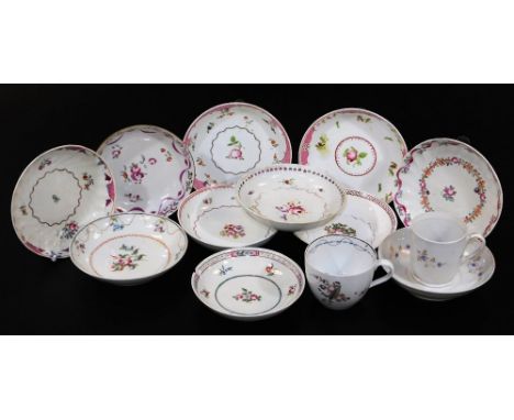 Various early 19thC New Hall, saucers to include one banded in pink broken by floral sprays, 14cm diameter, various other cup