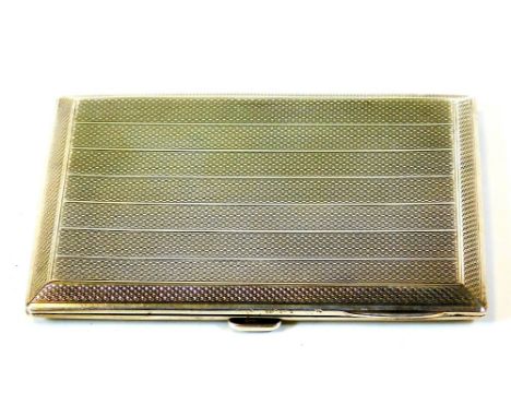 A George V silver cigarette case, of rectangular form with thumb mould opening, partially engine turned with engraved interio