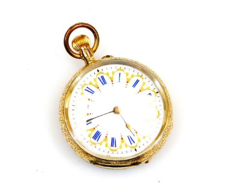 An early 20thC fob watch, the 3cm diameter fancy dial with Roman numerals, on white enamel, in a tooled case with plain ring 