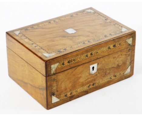 A 19thC walnut Tunbridge jewellery box, of rectangular form with mother of pearl inlay and vacant shield cartouche and escutc