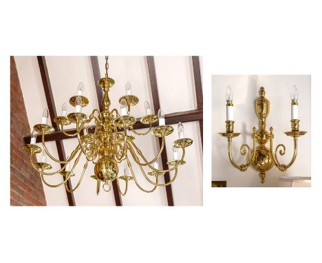 A set of three brass eighteen light electroliers of Dutch design, in two tiers, with three pairs of similar wall lights (9)No