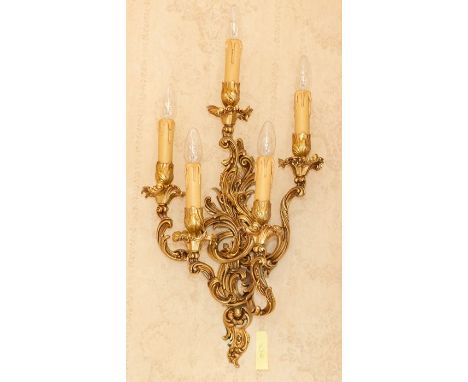 A pair of cast metal five light wall lights of Rococo design, height 70cm (2)Note: located at the vendor's property in South 