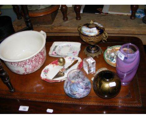 Selection of collectable glass and ceramic ware, including Sevres urn and cover