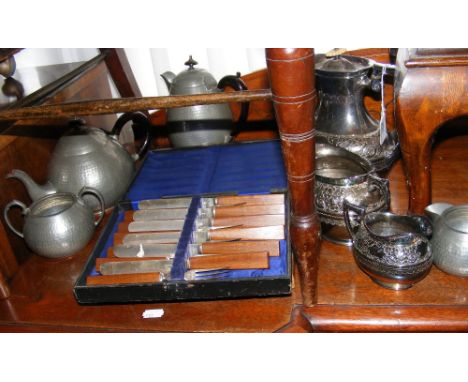 Silver and wooden handle knife and fork set, together with other plated ware