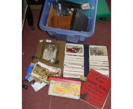 Various collectables including old postcards, binoculars, camera, etc