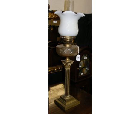 Large Victorian Corinthian column oil lamp with milk glass shade