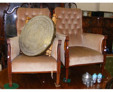 Pair of Edwardian button back drawing room chairs, together with a brass top Middle Eastern table