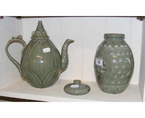 A selection of Celadon style ceramic ware, including teapot and vase