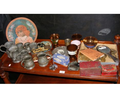 A silver back dressing table mirror, horse brasses, pewter, together with postal scales and other collectables etc.