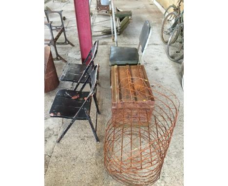 Two retro folding chairs; a tin trunk; a wirework seat etc.