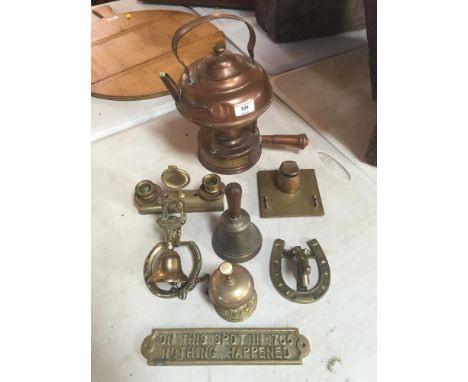 A copper kettle on spirit heater stand; a brass inkwell; a brass reception bell; a hand bell; horse door knocker etc.