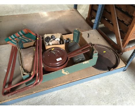 An Art Deco Soda syphon; enamel saucepans; folding stools; old light switches; iron griddle etc.