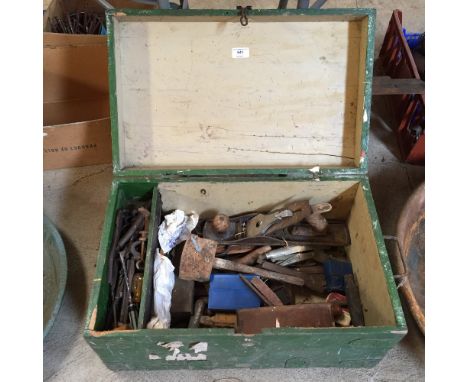 An old toolbox and contents of various woodworking and other tools