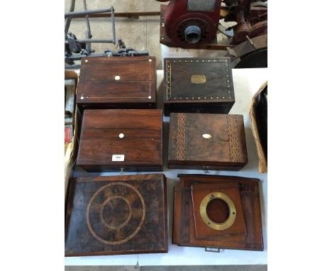 An Antique walnut oyster veneered box; various rosewood and walnut trinket boxes and various old plate camera parts