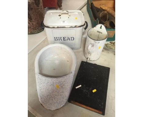 An old enamel bread bin; a enamel two litre jug; an enamel slipper bed pan and a small blackboard