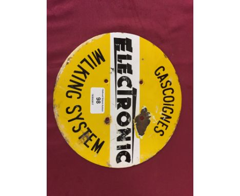 An enamel "Gascoignes Electronic Milking System" circular advertising plaque, 21cm dia.