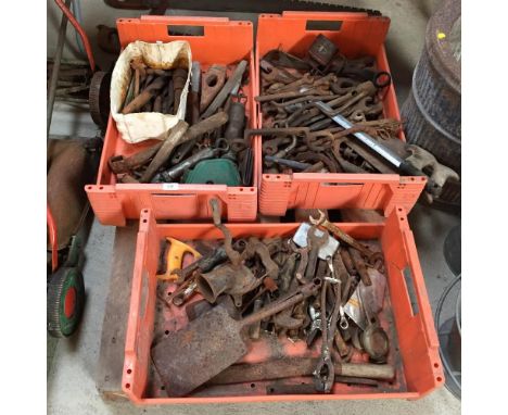 Three boxes of numerous Vintage spanners and hand tools
