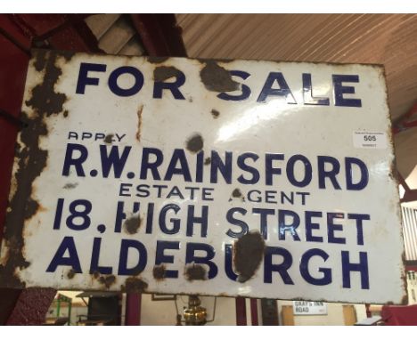 An enamel double sided estate agents sign for "R.W. Rainsford, High Street, Aldeburgh", (approx. 45cm x 28cm)