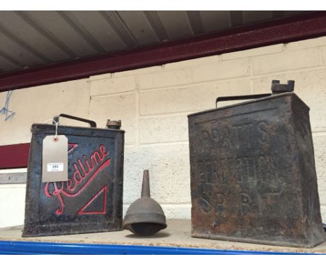 A Redline petrol can; a Pratts petrol can and a metal funnel