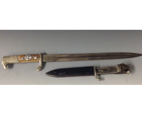 A German Ordnungspolizei-type dress bayonet, chromed steel Solingen blade, metal hilt with crossguard stamped L. Sch III, 293