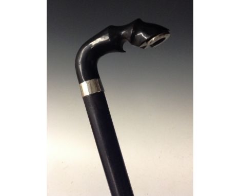 A Victorian  gentleman's ebonised walking stick, the handle as a horses hoof, silver mounted collar and horse shoe, 88cm long