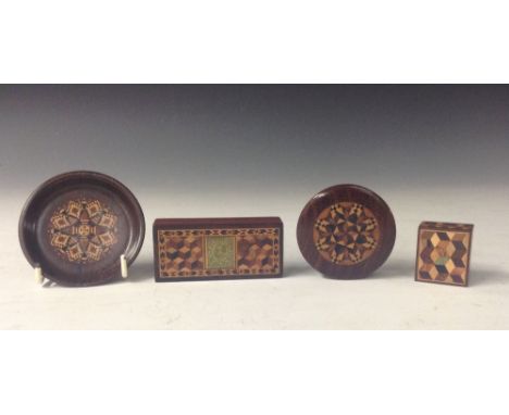 A Tunbridge Ware rectangular stamp box, the push-fitting cover applied with a George V halfpenny stamp and inlaid with tumbli