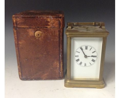 A French lacquered brass repeating carriage clock, 6cm rectangular enamel dial inscribed with Roman numerals, eight-day movem