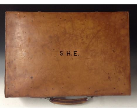 Derbyshire Cricket History - a vintage tan hide suitcase, owned by Sir Sydney Herbert Evershed (1861 - 1937), hinged cover wi