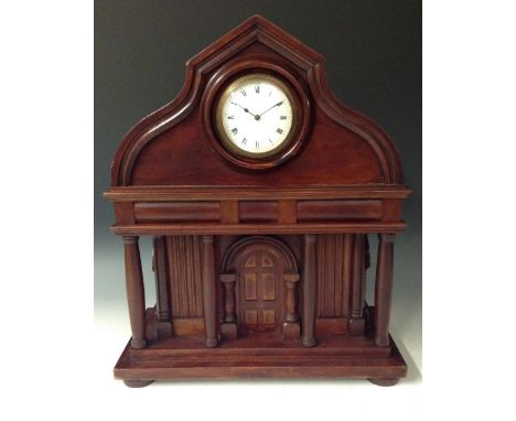 An unusual late 19th century architectural library clock, 8cm convex enamel dial inscribed with Roman numerals, above a porti