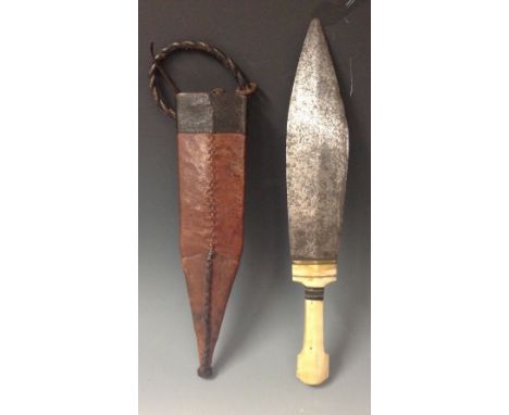 A Sudanese dagger, 21.5cm broad double-edged blade, ivory grip, leather scabbard, 37.5cm long overall, c.1900 