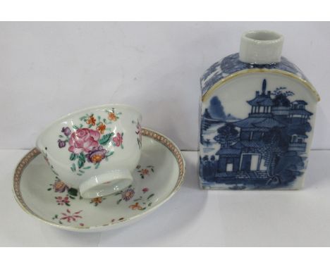 A Chinese oblong Tea Caddy, height 4.75ins, together with a Chinese Famille Rose tea bowl and saucer, Qianlong Reign 1736 - 1