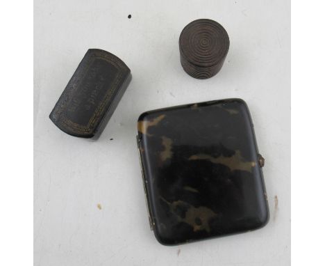 A papier mache snuff box, decorated with faded gilt "Would you take a pinch", a small sovereign box and a faux tortoiseshell 