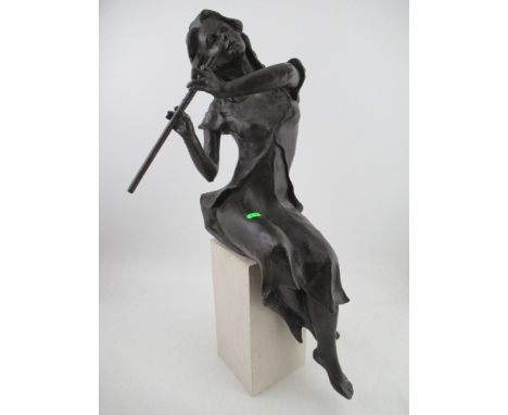 A Bronze effect bust of a girl playing a pipe, the back inscribed "Monica 200 No 11 of 100" and seated on a rectangular pedes