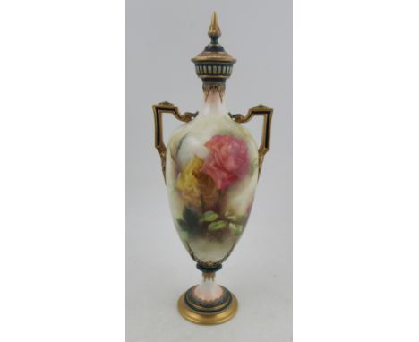 A Royal Worcester Hadley Ware covered pedestal vase, decorated with roses front and back, height 13.5insCondition Report:  Go